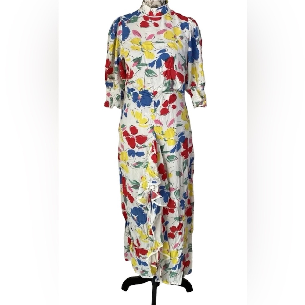 Rixo white Floral multicolored Mock Neck Cascade Ruffle Dress short sleeves sz 6 - Picture 2 of 16
